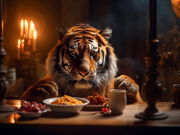 Tiger isst südindisches Essen im Restaurant