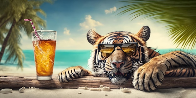 Tiger ist im Sommerurlaub im Badeort und entspannt am Sommerstrand