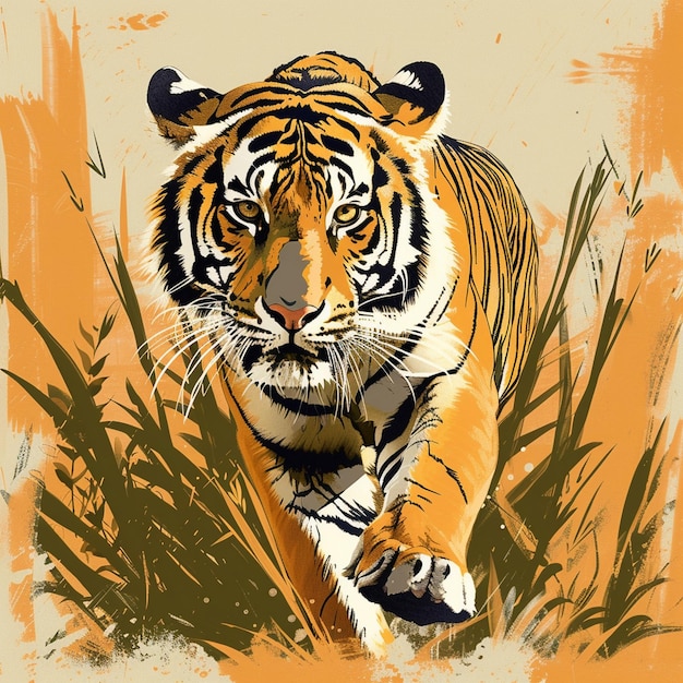 Tiger läuft durch das Gras Internationale Tiger-Tag-Szene