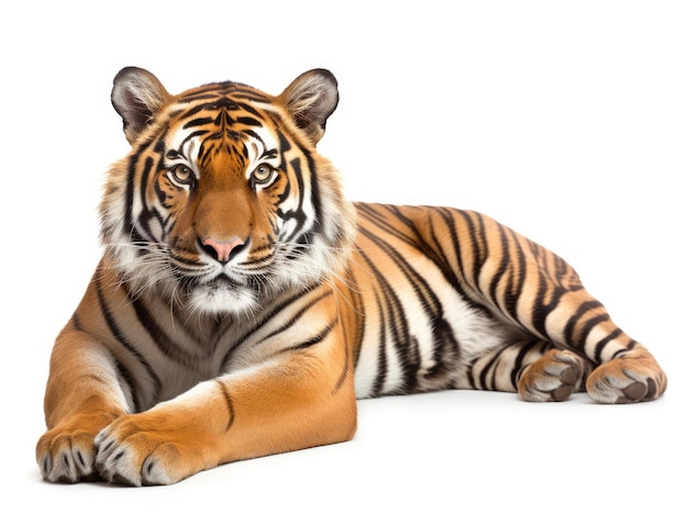 Tiger liegt isoliert auf Weiß