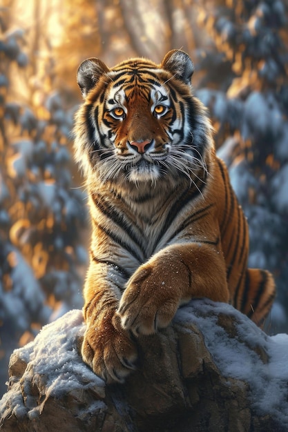 Tiger mit leuchtenden orangefarbenen und schwarzen Streifen ruht auf einem zerklüfteten Stein und starrt in den von goldenem Sonnenlicht beleuchteten winterlichen Kiefernwald