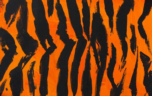 Tiger. Orange schwarz gestreiftes Acryl. Abstrakte Malerei, konzeptionelle Textur von afrikanischen Katzenhäuten, festliche Halloween-Primärfarben. Das Originalfragment des Bildes. Modischer Designhintergrund