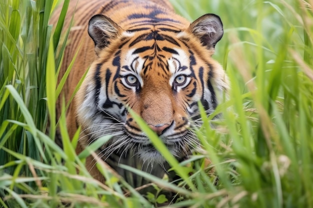 Tiger schreitet heimlich durch hohes Gras voran