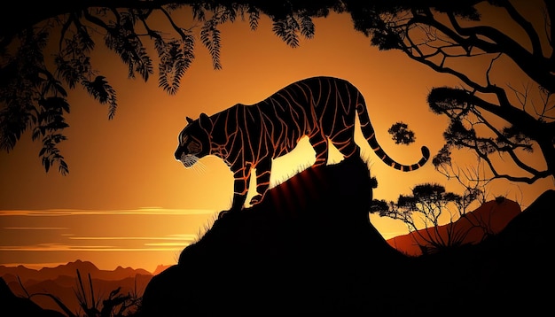 Tiger-Silhouette auf einem Hügel bei Sonnenuntergang Savanne Generative KI