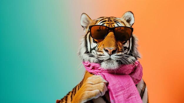 Tiger-Sonnenbrille und Schal im Studio mit farbenfrohem und hellen Hintergrund AI Generative