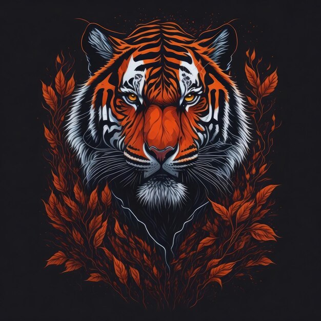 Tigerkopf mit Herbstblättern. Handgezeichnete Illustration auf schwarzem Hintergrund