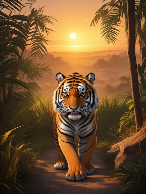 Tigerporträt auf dem Felsen mit wunderschönem Himmel bei Sonnenuntergang