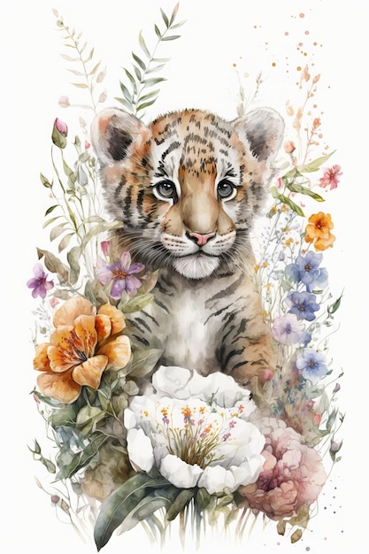 Tigerzeichnung, Aquarell, Baby-Tiger mit Blumen und Blättern geschmückt