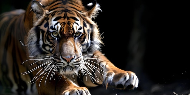 El tigre acecha los músculos equilibrados, las garras tensas, los ojos fijos en la presa, el concepto de la vida silvestre, la fotografía, la interacción entre el depredador y la presa, la observación del comportamiento de los animales.