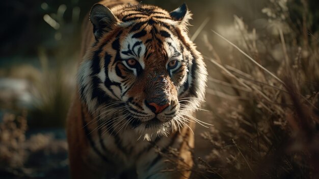 un tigre acechando a través de la selva en el bosque