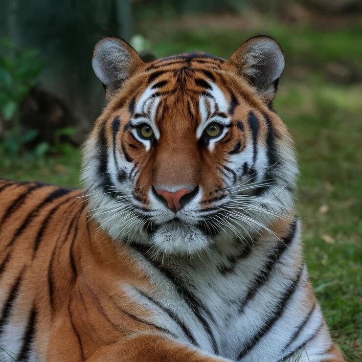 un tigre acostado en la hierba con un tigre en su cara