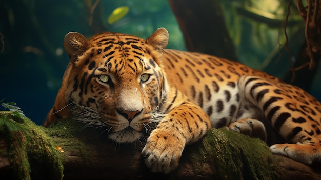 Tigre acostado en la rama de un árbol en un bosque 4