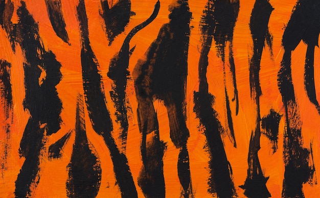 Tigre. Acrílico rayado naranja negro. Pintura abstracta, textura conceptual de pieles de gato africano, colores primarios festivos de Halloween. El fragmento original de la imagen. Fondo de diseño de moda