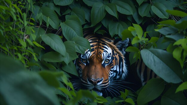 Foto un tigre adulto escondido en los arbustos con la cabeza afuera