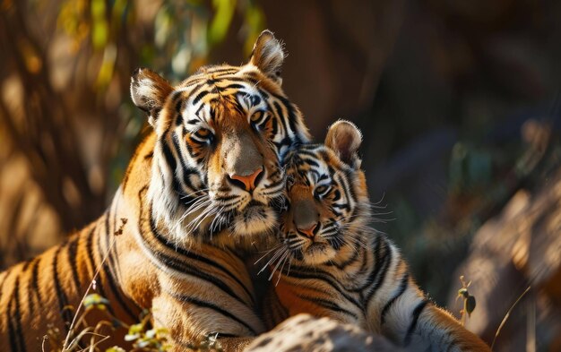 tigre afetuosamente aconchegando seu filhote