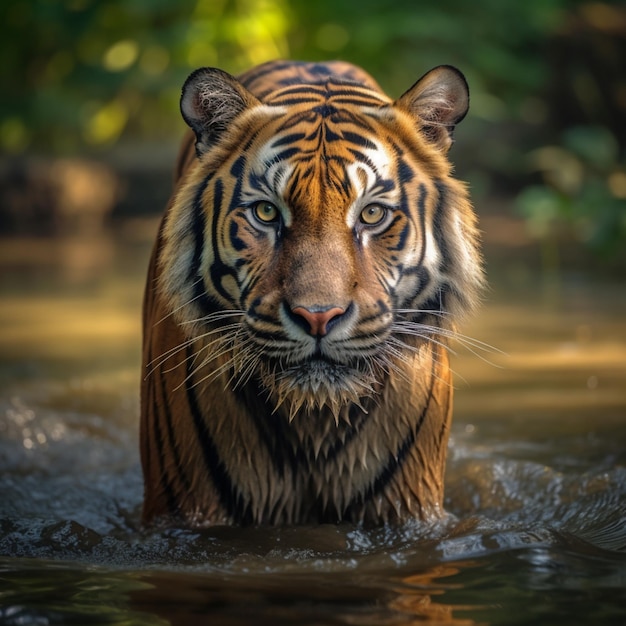 Un tigre en el agua con árboles en el fondo