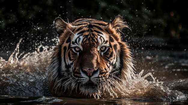 Un tigre en el agua con la boca abierta.