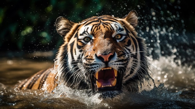 Un tigre en el agua con la boca abierta.