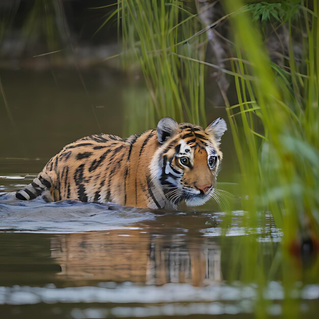 un tigre en el agua con un reflejo de árboles en el agua