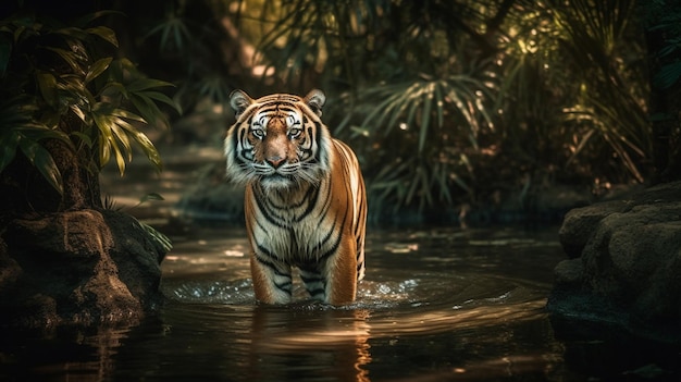 Un tigre en el agua en el santuario de tigres