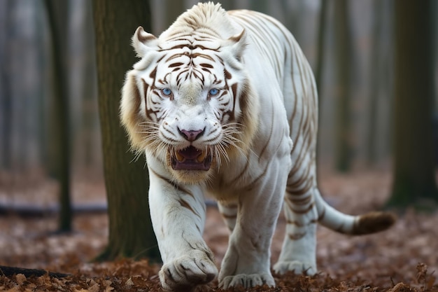 Tigre albino con pelaje blanco en el bosque Retrato de un raro animal exótico depredador peligroso en la naturaleza