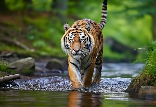 Tigre de Amur caminando en el agua Animal peligroso Animal en un arroyo de bosque verde IA generativa
