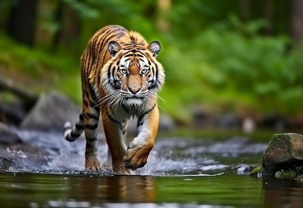 Tigre de Amur caminando en el agua Animal peligroso Animal en un arroyo de bosque verde IA generativa