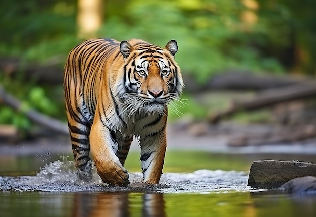 Tigre de Amur caminando en el agua Animal peligroso Animal en un arroyo de bosque verde