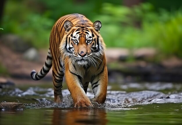 Tigre de Amur caminando en el agua Animal peligroso Animal en un arroyo verde del bosque IA generativa