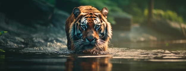 un tigre de Amur caminando con gracia en el agua un estilo moderno minimalista para enfatizar el hábitat natural de los gatos salvajes capturando la esencia de su belleza y poder con simplicidad