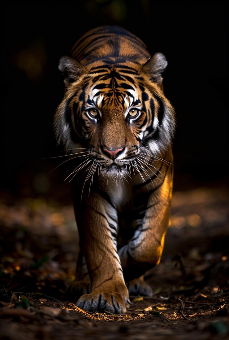 tigre arafed caminando en la oscuridad con un fondo negro ai generativo