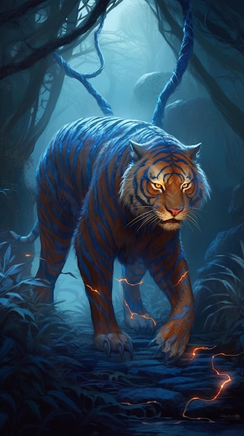 Un tigre azul brillante surrealista rodeado de espinas