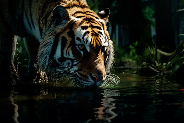 El tigre bebe agua en el río Generado por IA
