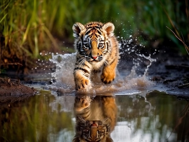 Un tigre bebé corre a través del charco se refleja en el charco Ai generativo