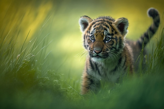 Tigre bebé en hierba verde primaveral con flores IA generativa