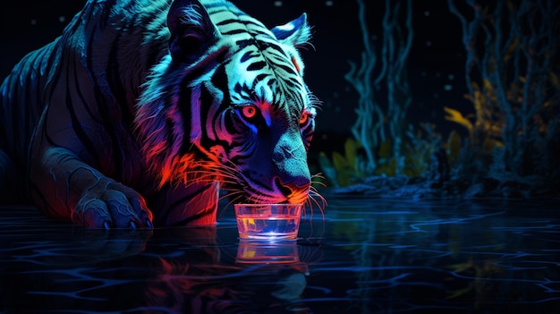 Tigre bebendo sinal de néon brilhante ilustração imagem arte gerada por Ai