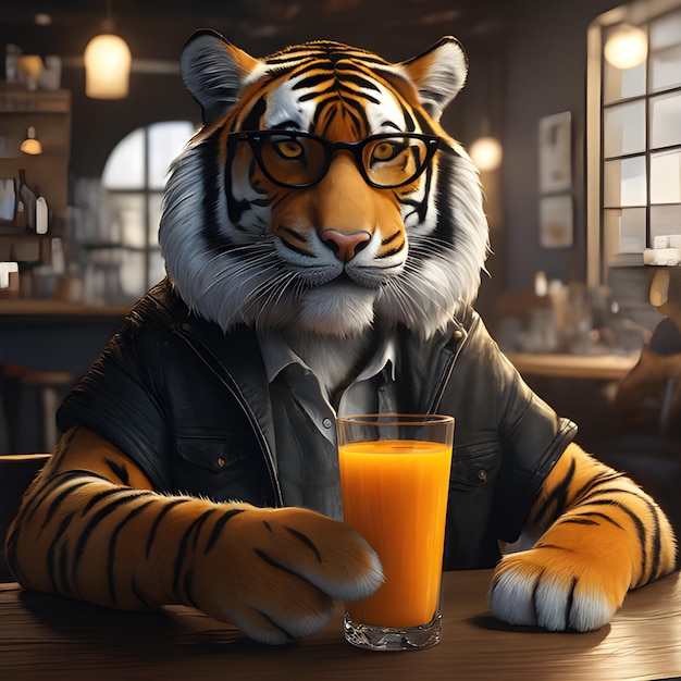 Tigre bebendo um copo de suco de laranja em uma cafeteria