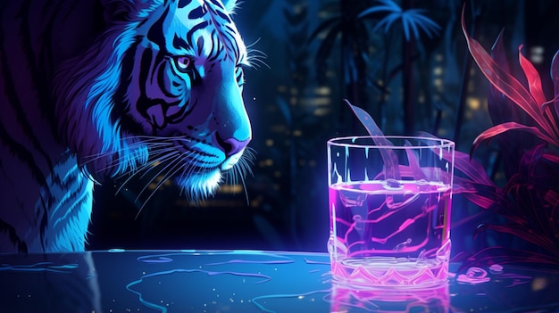 Tigre bebiendo letrero de neón brillante ilustración imagen arte generado por Ai