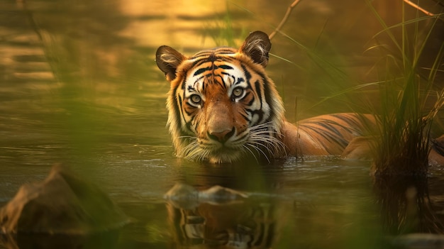 Tigre de Bengala real descansando en un lago