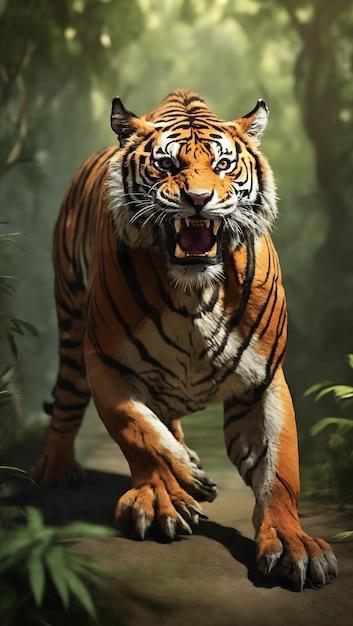 El tigre de Bengala ruge en la jungla peligroso en la postura de ataque