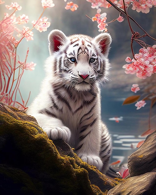 Tigre blanco en el agua con flores rosas.