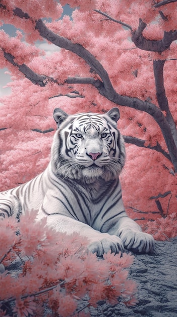 Un tigre blanco contra el telón de fondo de un hermoso jardín de sakura Ai generativo