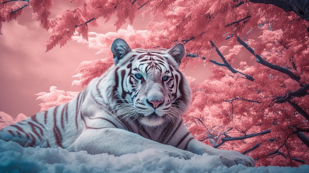 Un tigre blanco contra el telón de fondo de un hermoso jardín de sakura Ai generativo