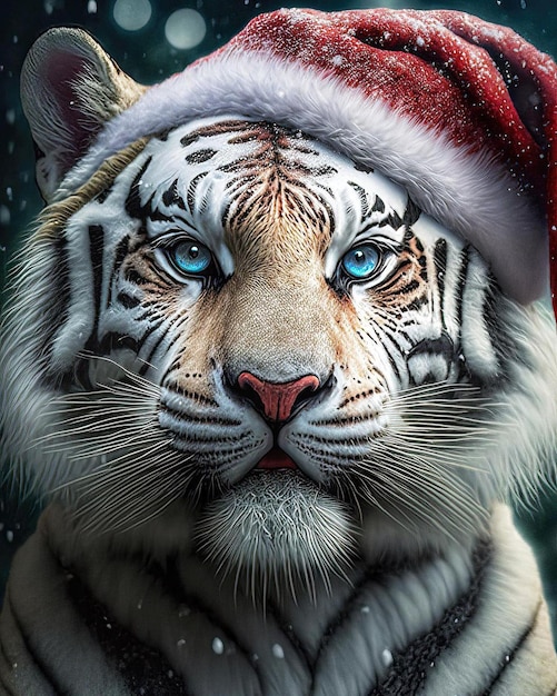 Tigre blanco con gorro de Papá Noel