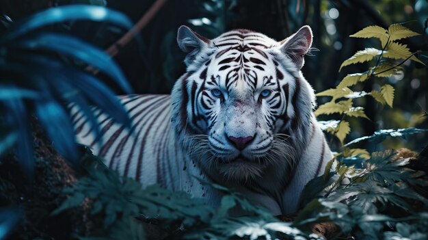 Tigre blanco con hermosos ojos azules en el bosque