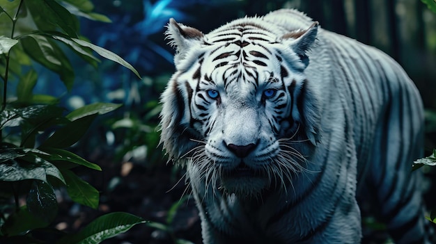Tigre blanco con hermosos ojos azules en el bosque
