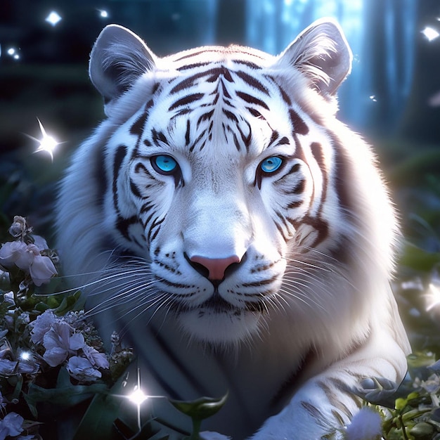 Tigre blanco con ojos azules en el bosque