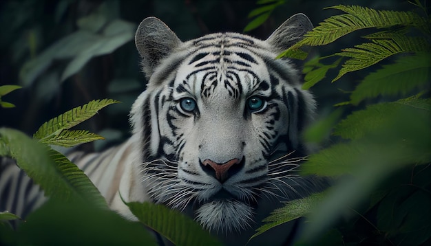 Un tigre blanco con ojos azules está entre las hojas.