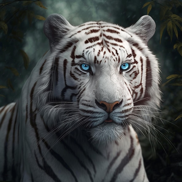 Un tigre blanco con ojos azules está en la oscuridad.