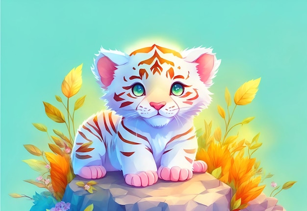 Un tigre blanco con ojos azules se sienta sobre una roca.